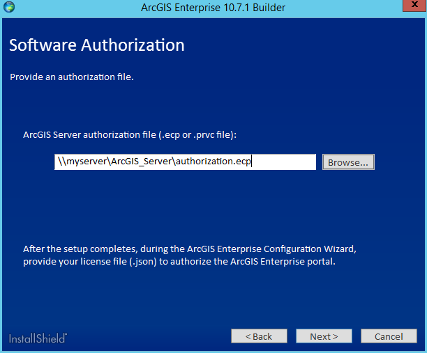 Provide the location for your ArcGIS Server authorization file.
